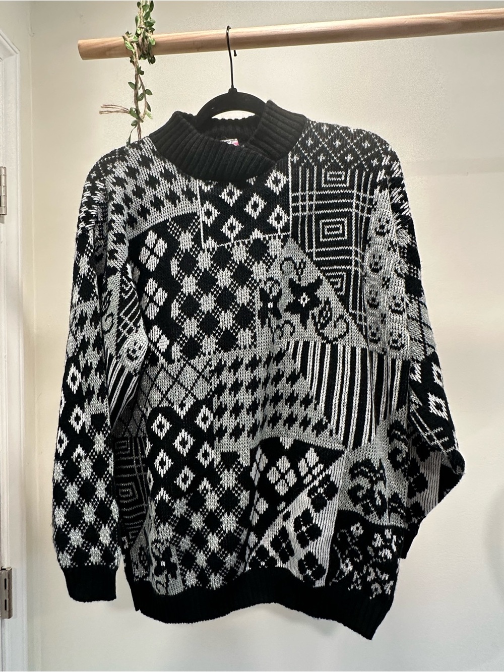 Vintage Late 80s Fortune Knits Patchwork Sweater Black Silver Metallic Mock Neck